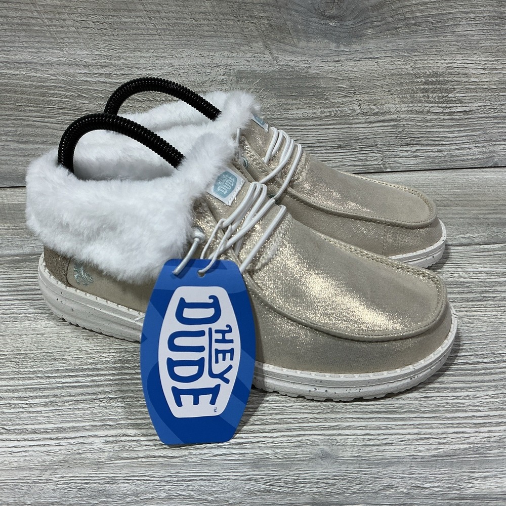 Hey Dude Wendy Fold Metallic Shine Gold Women's Size 6 Faux Fur NEW